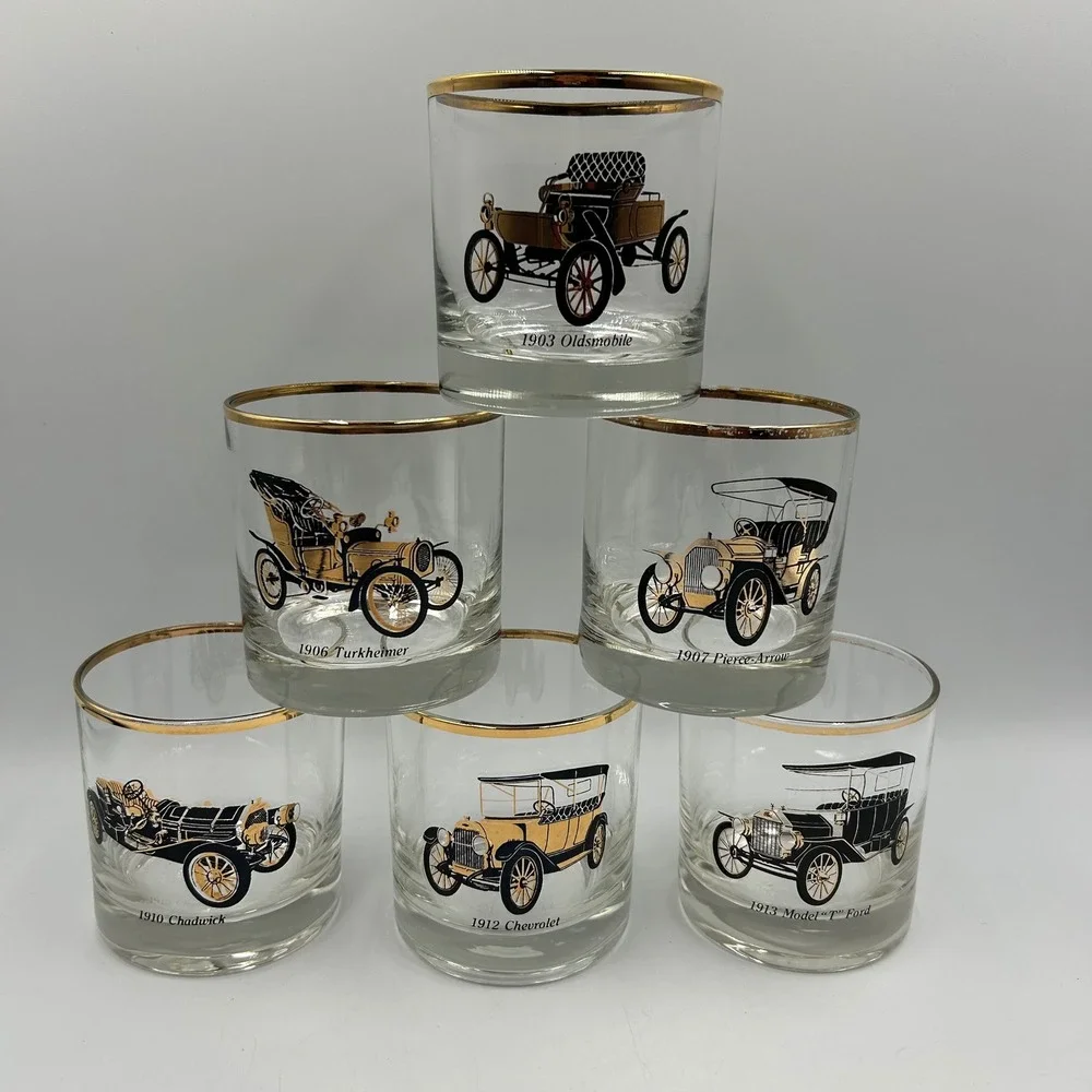 Whiskey Glasses Gold Clear Vintage Classic Cars Set 6 Good